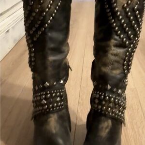 Old Gringo Black and Brown Studded Heeled Cowboy Western Boots 7 Free People